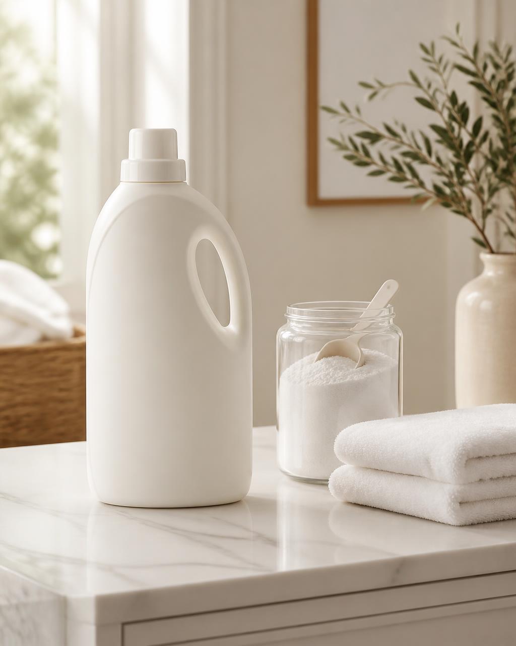 Premium laundry detergent beside a glass jar of powder and folded white towels