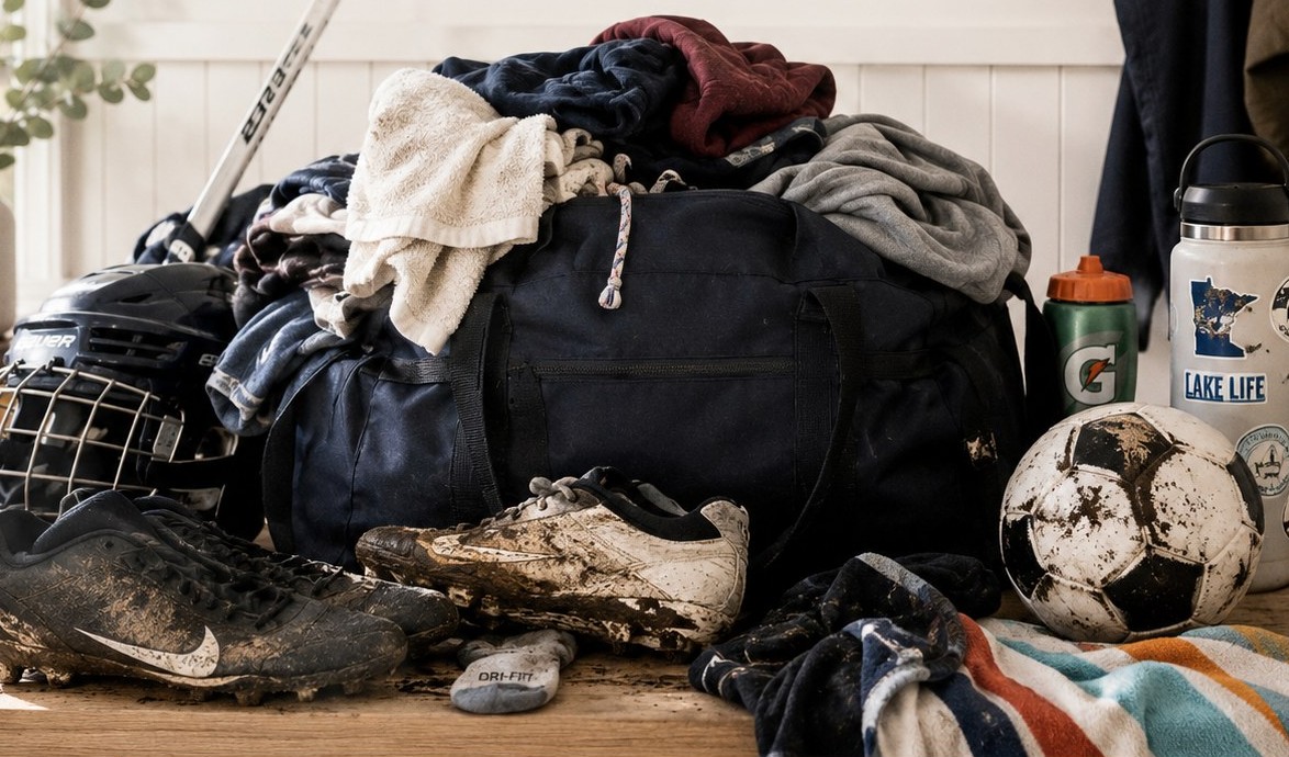 A Minneapolis family's pile of sports gear and laundry waiting for pickup