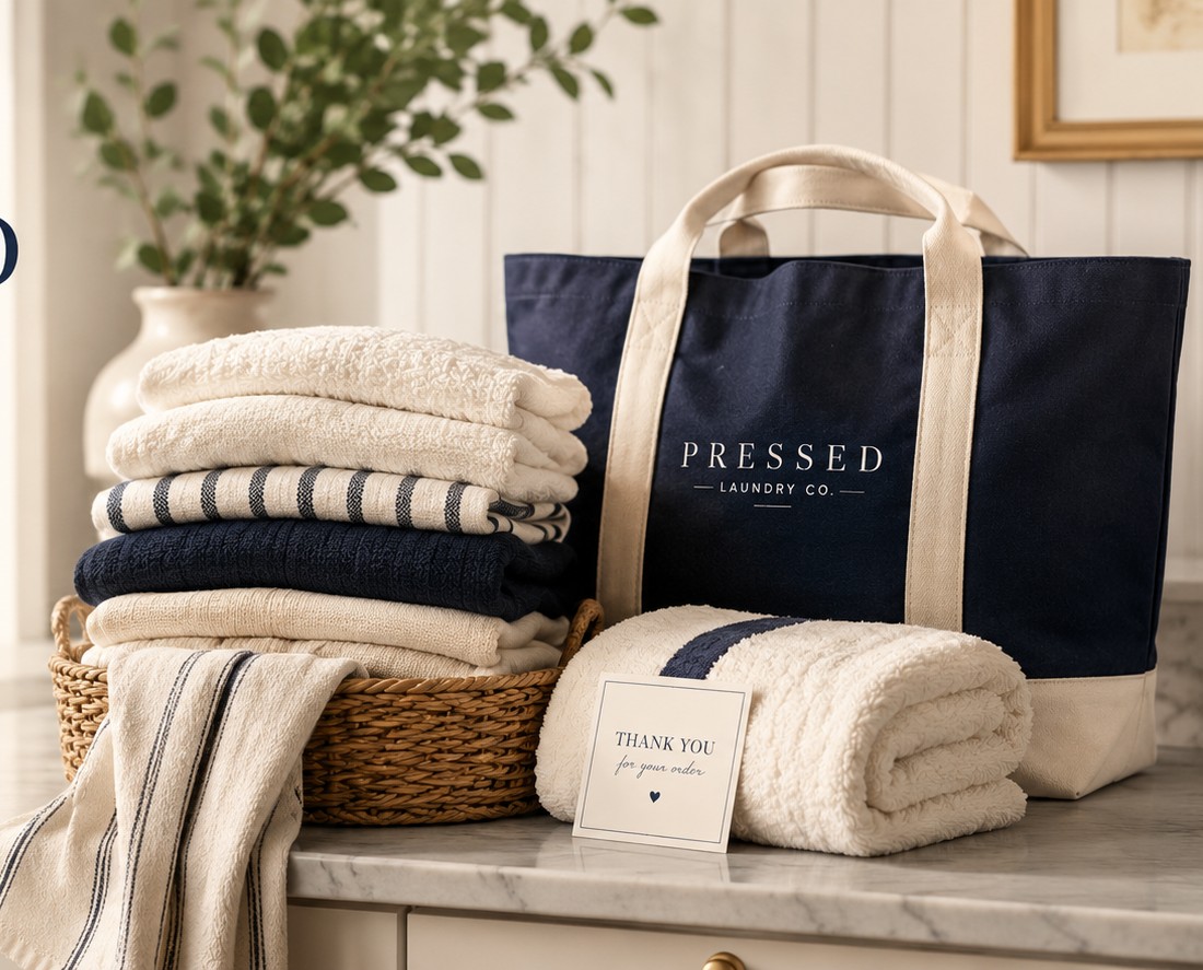 Neatly folded navy and cream linens beside a Pressed Laundry Co. tote